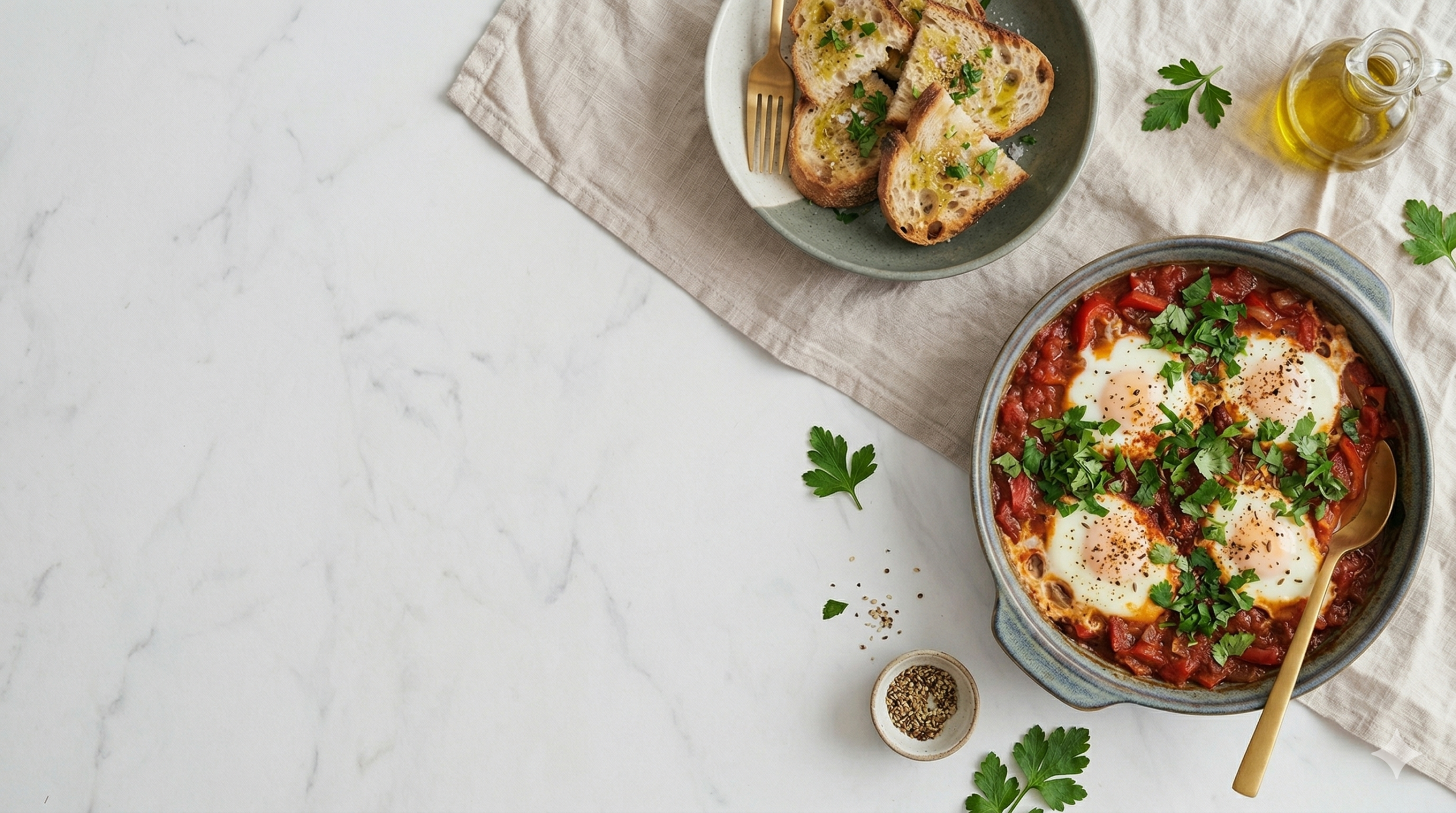 An image taken from a birds eye view angle of a table which has a pan of Spiced Shakshuka, and a plate of oiled bread