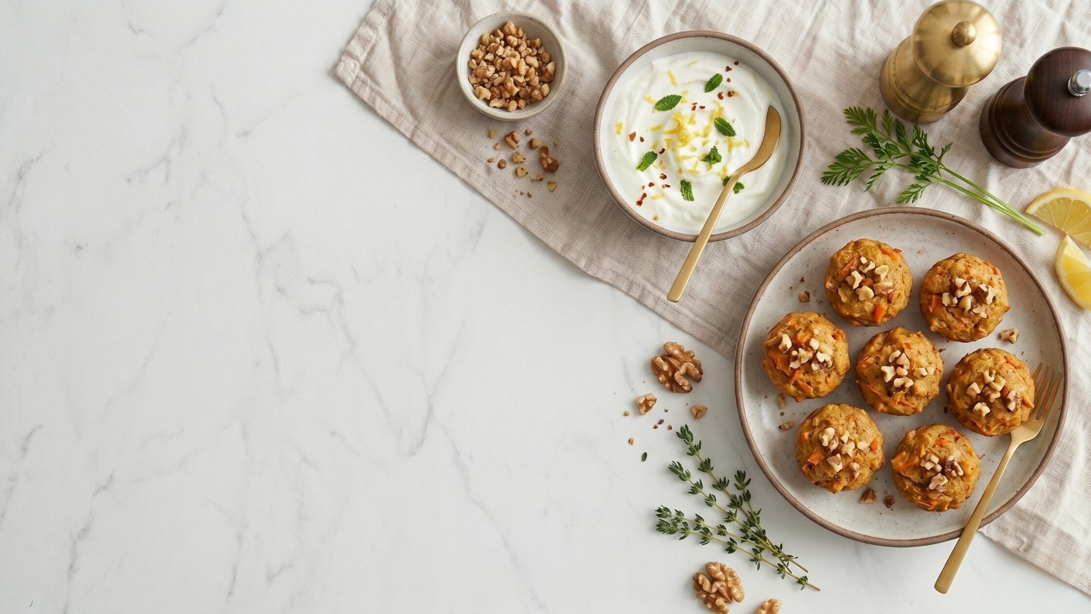 Carrot and Walnut Mini Bites with Zesty Yogurt Dip taken from a birdseye point of view on a marble table